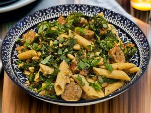 Pâtes au pesto, tomates séchées et saucisse italienne